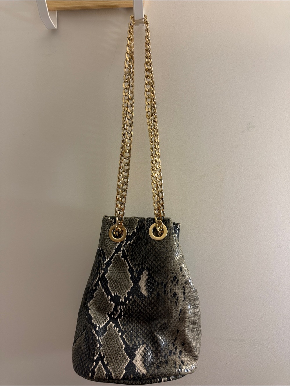 Snake-Print Bucket Bag with Gold Chain Straps